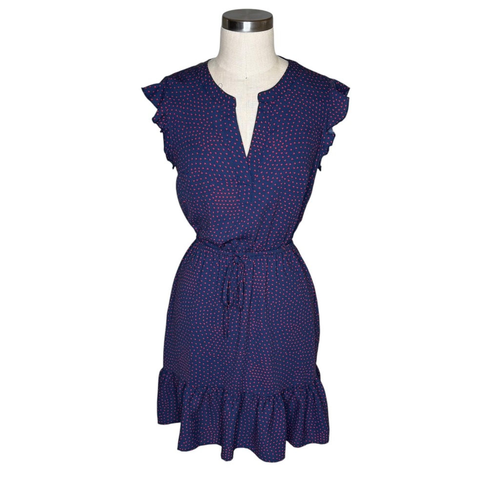 MODCLOTH Dress Navy Blue Heart Print Ruffle Flutter Sleeve Women's Size Small